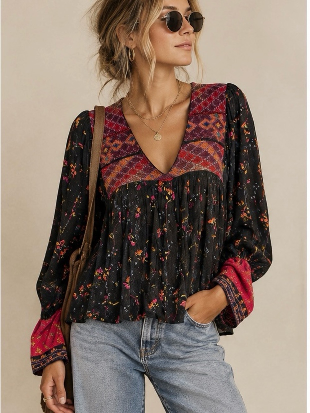 Free People Boho Floral Printed Embroidered Yoke Peasant Top size Small